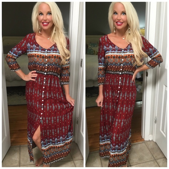 SALE! LAST 1!  ❤️ Wine 3qtr Sleeve Boho Print Maxi - Picture 2 of 5